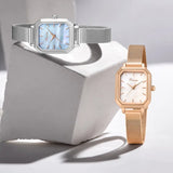 Square Dial Quartz Watch for Women with Japan Movement, Alloy Shell, Mesh Bracelet - Stainless Steel Ladies Dress Wristwatch