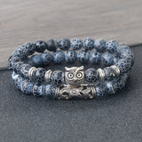 Men's Natural Stone Beaded Bracelet – Classic Black Lava Onyx with Owl Charm | Fashion Jewelry Couples Gift