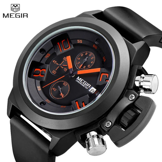 MEGIR Luxury Black Silicone Quartz Watch: Sport Military Style, Waterproof, Large Dial Chronograph for Men