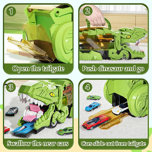 Kids' Dinosaur Cars Carrier Toy: Tyrannosaurus Rex Carrier Truck with Swallowing Vehicle, Monster Race Track Tail—Great Gift