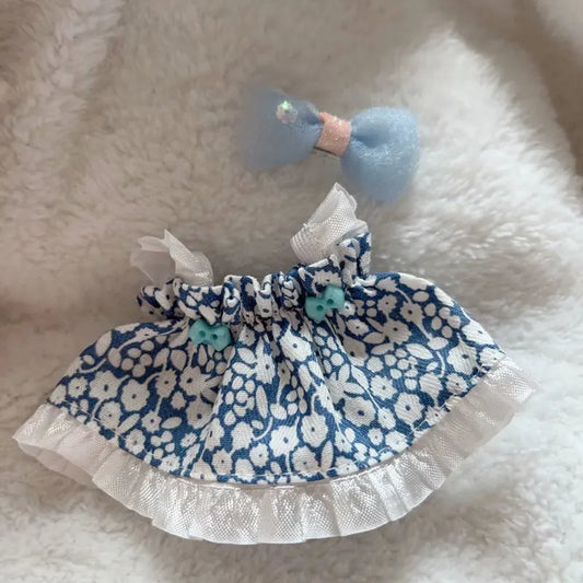 Bow Strap Floral Skirt Outfit for Labubu – 17cm Doll Clothes with Cute Accessories for Fashionable Dress-Up