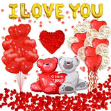 Valentine's Day Decor Set: 56 Red Balloons with "I LOVE YOU" Hug Bear Foil Balloons, Silk Rose Petals - Perfect for Valentine's Day Decor