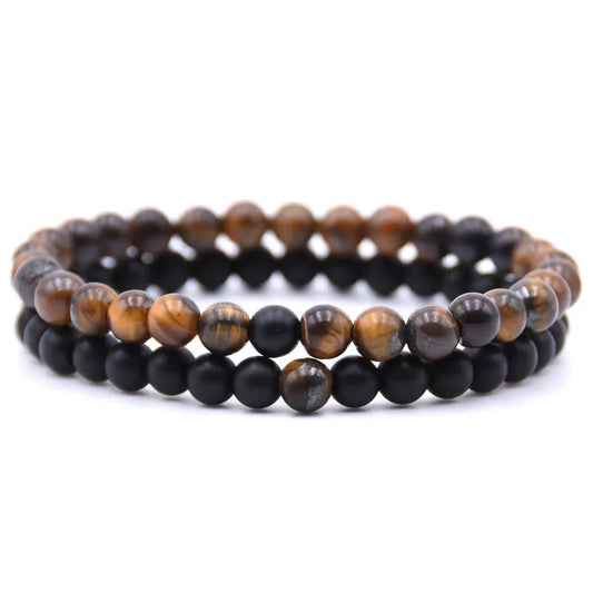 2-Piece Couple's Lava Stone & Tiger Eye Bracelet Set – Black & White Distance Beaded Yoga Bracelets for Men