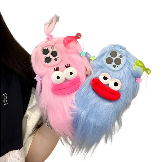 Charming 3D Furry Monster Case with Bow for iPhone 11-15 Pro Max, Hand Warmer Design