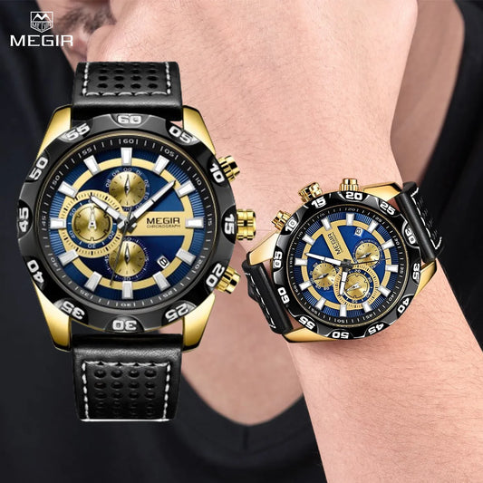 MEGIR Men's Luxury Sport Military Watch: Waterproof, Luminous Quartz Wristwatch with Leather Strap