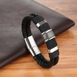 Men's Braided Black Genuine Leather Bracelet – High-Quality Stainless Steel Magnetic Buckle | Punk Rock Jewelry for Men