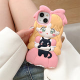 Anime 3D Cute pink dress girl hug Black cat silicon phone case for phone 15Pro Max 11 12 13 14Pro cartoon protection cover