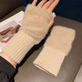 Warm Half Finger Gloves for Women: Luxurious Solid White Mink Fleece, Soft Knitted Fingerless Design, Perfect for Winter