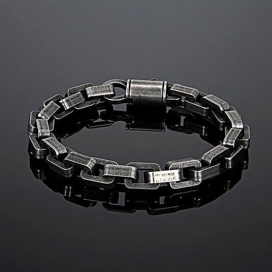 Men's Punk Biker Chain Bracelet – Matte Vintage Oxidized Black Heavy Link with Motorcycle Style Stainless Steel Bangle