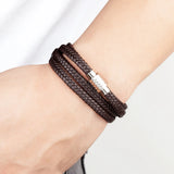 Men's 20cm Double-Layer Braided Brown Leather Bracelet – Stainless Steel Magnetic Clasp | Fashion Jewelry Bangle