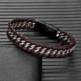 Men's Punk Vintage Cuban Link Bracelet – Black Multilayer Woven Genuine Leather with Stainless Steel Bicycle Chain | Jewelry Gift