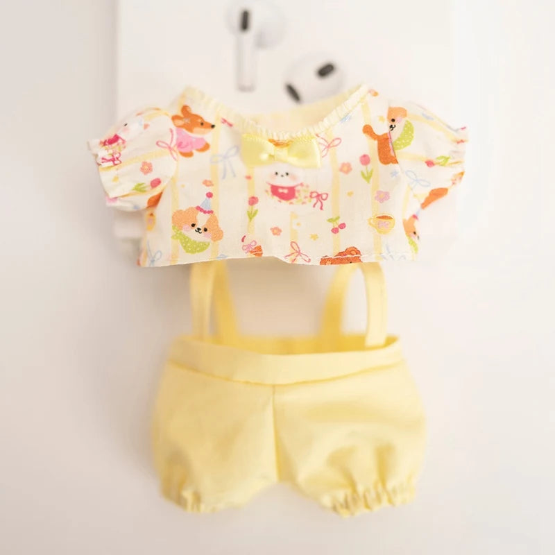 Labubu Doll Yellow Cartoon Outfit Set – 17cm Plush Clothes with Suspender Pants or Dress for Baby Pendant Doll Replacement Styling