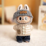 Labubu V1/V2 Party Outfit Set – 17cm Plush Doll Clothes with Bear Label Sweater, Jean Shorts, Scarf & Hat Accessories