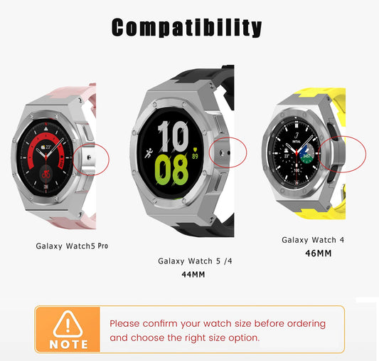 Stainless Steel Case for Samsung Watch 5 Pro 4 - Modification Kit for Galaxy Watch4 Classic 46mm with Rubber Strap