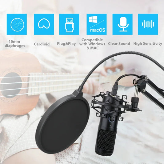 Studio Recording USB Condenser Microphone - Professional Karaoke Mic with Stand and Pop Filter for K669