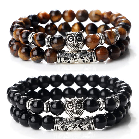 Men's Natural Stone Beaded Bracelet – Classic Black Lava Onyx with Owl Charm | Fashion Jewelry Couples Gift