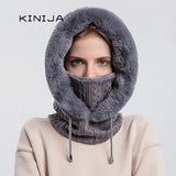 Women's Winter Hooded Fur Cap Set: Knitted Cashmere, Windproof Balaclava, Thick Plush Beanie