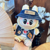 Labubu Doll Denim Outfit Set – 17cm Cowboy Hat, Denim Jacket, White T-Shirt & Khaki Shorts Fashion Clothes for Plush Dolls