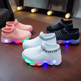 Children's LED Luminous Sports Sneakers for Boys and Girls with Letter Mesh, Baby Socks, and Light-Up Feature