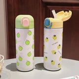 500ml Double-Walled Stainless Steel Vacuum Flask with Straw – Cute Fruit Pattern Portable Thermos Mug for Girls and Students | Travel Thermal Bottle