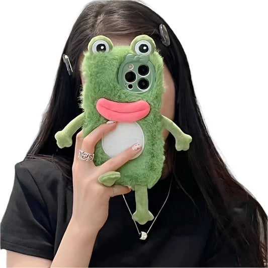 Charming Plush Frog Phone Case with Hand Warmer for iPhone 11-15 Pro Max, in a Fluffy Cartoon Style