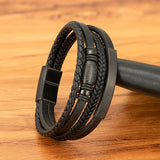 Men's Stylish Multilayer Braided Leather Bracelet – Black with Stainless Steel Magnetic Clasp | Fashion Bangle Jewelry