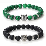 Men's Vintage Owl Charm Bracelet – Natural Lava Stone & Malachite Beads | Couple's Friendship Jewelry Gift