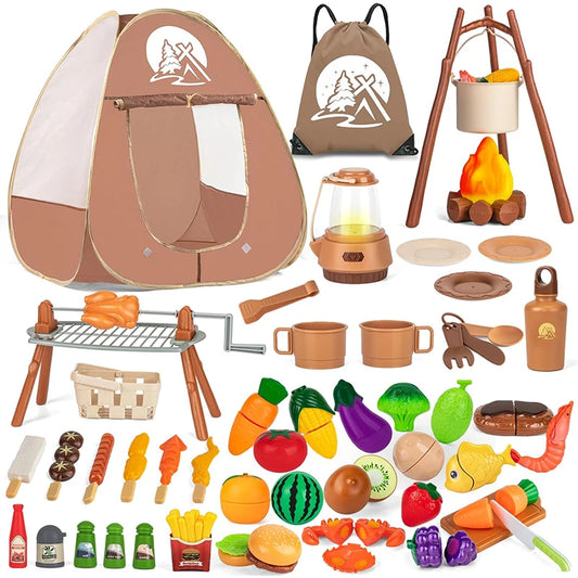 Camping Set for Kids: Tent Toy, BBQ Grill, Pretend Play Kitchen, Cutting Food Set—Indoor and Outdoor Toys, Toddler Gift