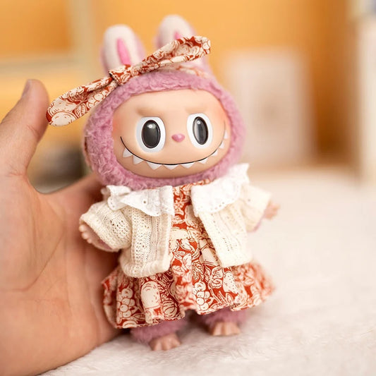 Mini Plush Doll's Clothes Outfit Accessories For Labubu V1 V2 Idol Dolls Berry Pattern Dress Knitted Cardigan Clothing Gift