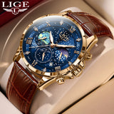 LIGE Men's Casual Sport Watch: Luxury, Waterproof, Luminous Chronograph, Quartz Movement with Leather Strap