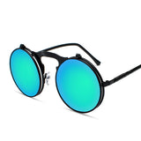 Steampunk Flip-Up Sunglasses for Men and Women: Retro Round Metal Frame Sun Glasses with Hinge Design, Curved Glasses Legs, and UV400 Protection