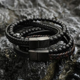 Men's Natural Onyx Stone Bracelet – Handmade Braided Black Coffee Leather with Stainless Steel Magnetic Buckle