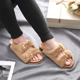 Women's Fluffy Slide Sandals with Cork Footbed, Fuzzy Open Toe House Shoes, Adjustable Indoor Slippers with Arch Support