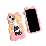 Anime 3D Cute pink dress girl hug Black cat silicon phone case for phone 15Pro Max 11 12 13 14Pro cartoon protection cover