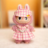17cm Labubu Doll Checkerboard Tennis Outfit Set – Suspender Pants & Shirt Trendy Fashion Clothes for Baby Pendant Dolls
