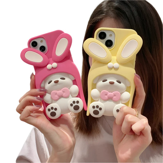 Cartoon Shockproof Soft Cover: Rotating Ear Bow Dog Silicone Phone Case for iPhone 11-14 Pro Max