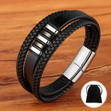 Men's Black Leather Punk Rock Bracelet – Stainless Steel Magnetic Charm Bangle with Velvet Bag | Jewelry Gift for Friends