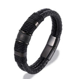 Men's Braided Black Genuine Leather Bracelet – High-Quality Stainless Steel Magnetic Buckle | Punk Rock Jewelry for Men