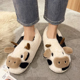 Women's Winter Plush Slippers with Adorable Cow Design, Warm Cotton Indoor Shoes, Fluffy Cartoon Anti-Skid Cloud Slippers for Home