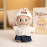 Labubu V1/V2 Party Outfit Set – 17cm Plush Doll Clothes with Bear Label Sweater, Jean Shorts, Scarf & Hat Accessories