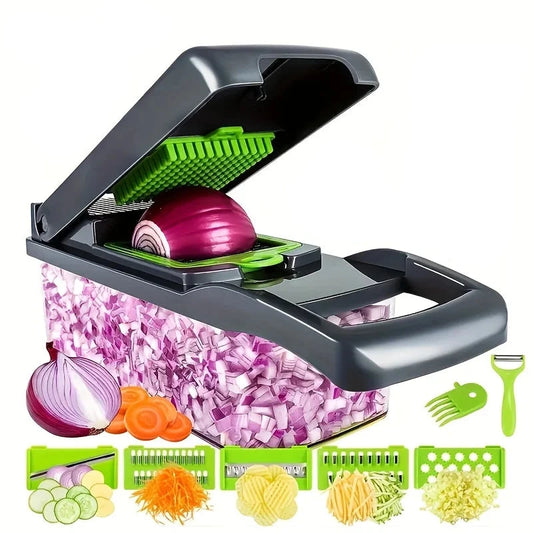 16-in-1 Vegetable Slicer Cutter: Includes Basket for Shredding, Dicing, Chopping, and Grating Various Fruits and Vegetables