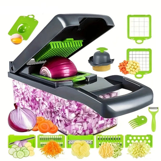 Multifunctional 16-in-1 Vegetable Slicer Cutter: Includes Shredders, Slicer, with Basket for Fruits, Potatoes, Onions, Mincer, Chopper, and Carrot Grater