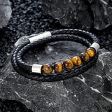 Double-Layer Braided Leather Bracelet – Classic Design with Natural Tiger Eye Beads | Unisex Charm Jewelry