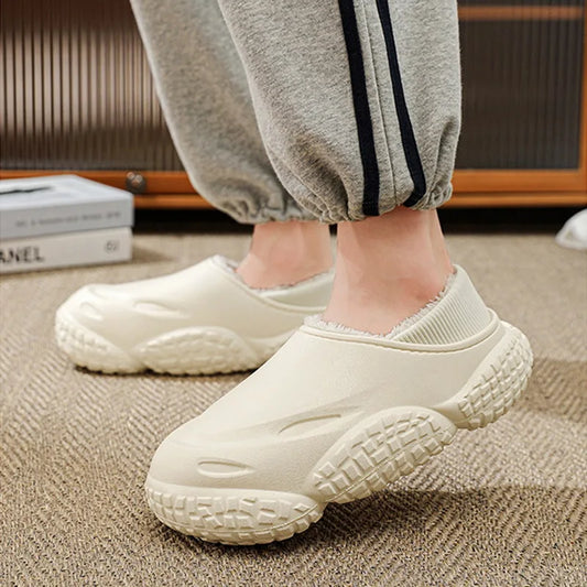 Waterproof Plush Men's Winter Slippers: Closed Toe, Non-Slip Warm Indoor Shoes