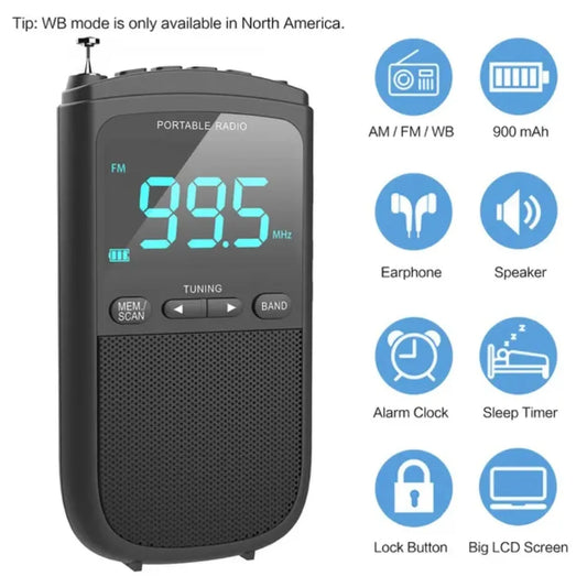 Compact Digital Radio: AM/FM/WB Bands, Weather Alerts, Alarm Feature with 3.5mm Headphone Port, 900mAh Battery Size