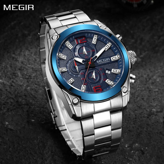 MEGIR Luxury Stainless Steel Men's Chronograph Watch: Waterproof, Luminous, Calendar