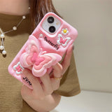 Pink Butterfly Wings Silicone Case for iPhone 11-14 Pro Max, with 3D Folding Bracket