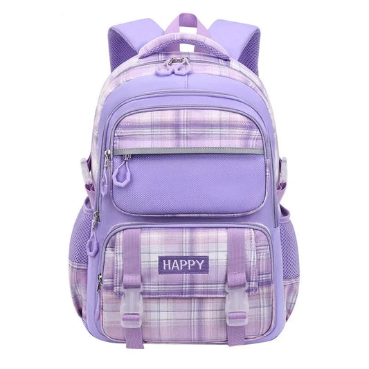 Plaid Purple School Bags for Kids: Waterproof Pink Backpacks with Large Capacity and Multiple Pockets, Perfect for Girls