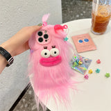 Charming 3D Furry Monster Case with Bow for iPhone 11-15 Pro Max, Hand Warmer Design