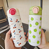 500ml Double-Walled Stainless Steel Vacuum Flask with Straw – Cute Fruit Pattern Portable Thermos Mug for Girls and Students | Travel Thermal Bottle